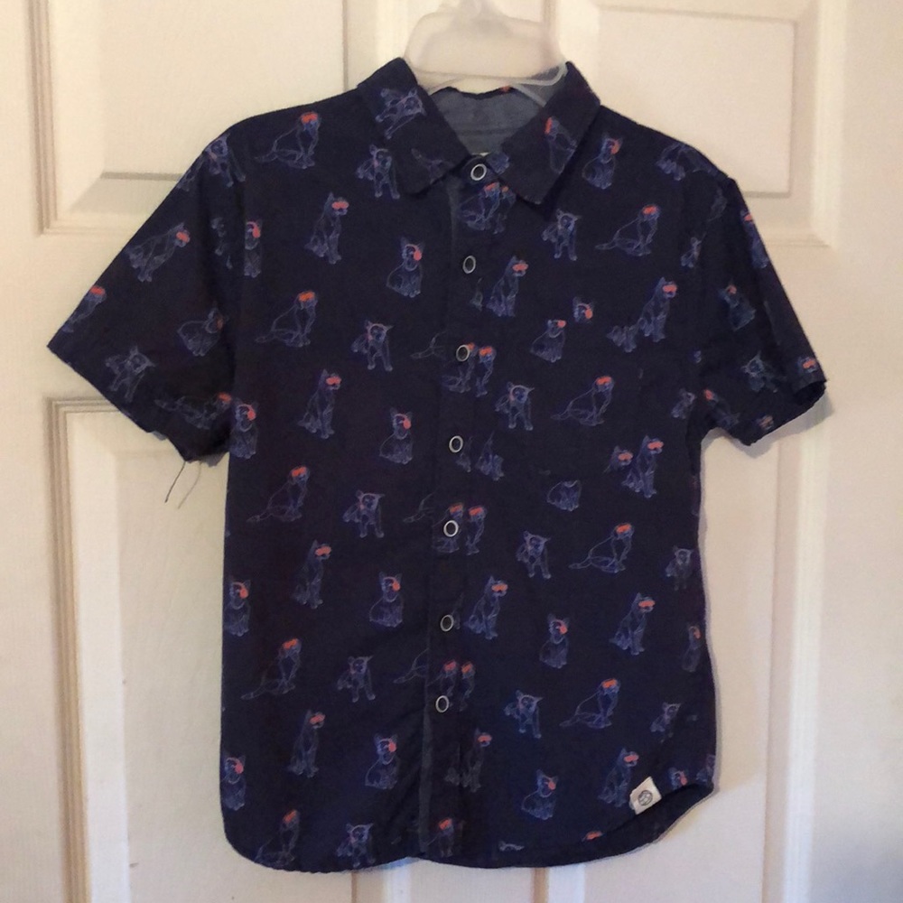 Free Planet Dog Print Blue Pocket Short Sleeve Button Down Shirt Boys Small S 8